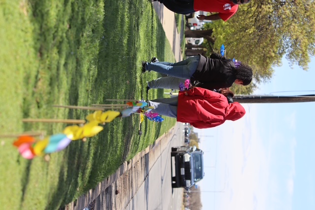 Volunteers walking along a sidewalk planting pinwheels on a spring day