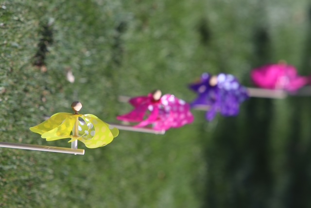 Yellow, pink, and purple pinwheels in a row on lush green grass